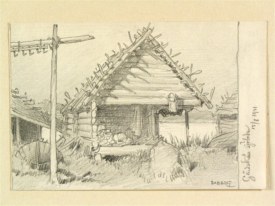 Uppland, Örbyhus , Älvkarleby sn. Gårdskärs sjöbodar. Teckning av Ferdinand Boberg - Nordiska museet - NMA.0088476