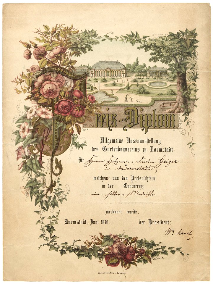 Urkunde Rosen-Ausstellung Darmstadt 1870