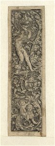 Upright Ornament Panel with Foliage. Below a Sphinx with a Child on its Back, above a Standing Male Nude holding the Foliage print by Dirck Vellert, S.II 9785, Prints Department, Royal Library of Belgium