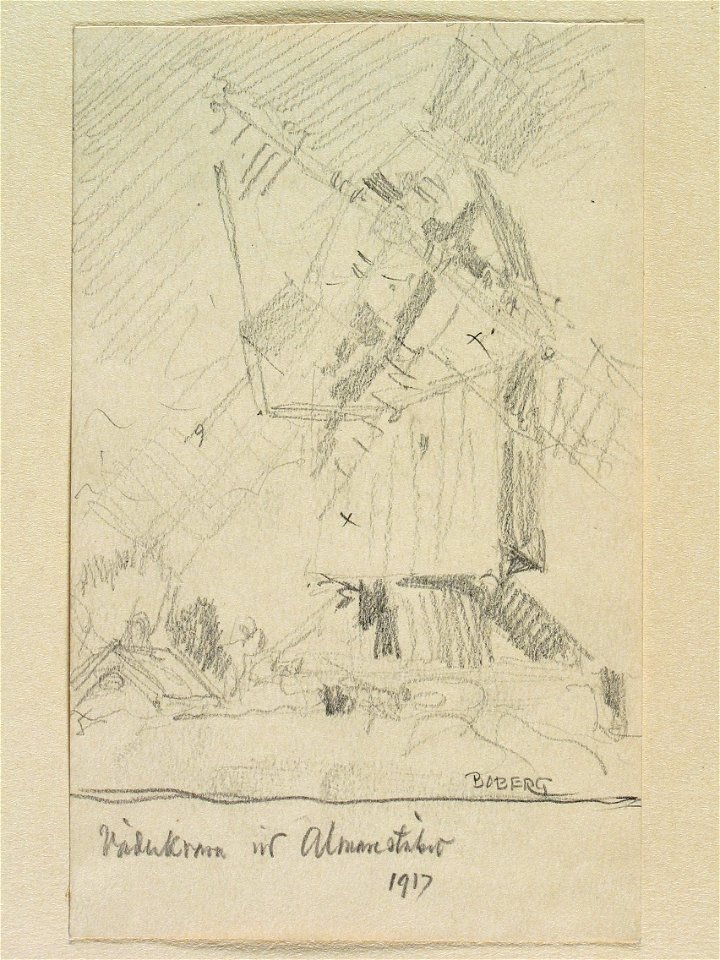 Uppland, Bro hd., Näs sn. Väderkvarn vid Almarestäket . Teckning av Ferdinand Boberg - Nordiska museet - NMA.0088465