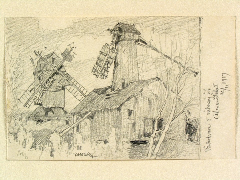 Uppland, Bro hd., Näs sn. Väderkvarn och vädersåg vid Almarestäket . Teckning av Ferdinand Boberg - Nordiska museet - NMA.0088466