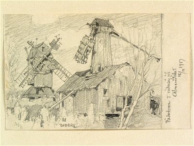Uppland, Bro hd., Näs sn. Väderkvarn och vädersåg vid Almarestäket . Teckning av Ferdinand Boberg - Nordiska museet - NMA.0088466