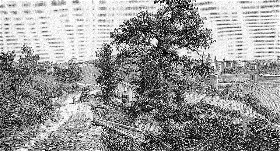 Urbino – veduta pittorica con la città in distanza (xilografia)