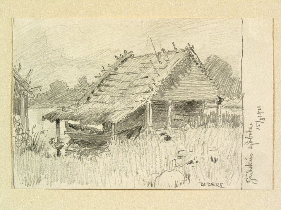 Uppland, Örbyhus hd., Älvkarleby sn. Gårdskär, sjöbodar. Teckning av Ferdinand Boberg - Nordiska museet - NMA.0088475