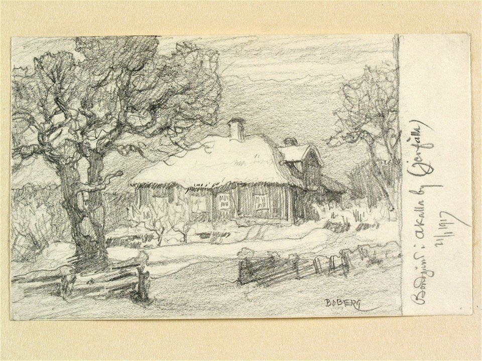 Uppland, Sollentuna hd., Järfälla sn. Bondgård i Akalla by . Teckning av Ferdinand Boberg - Nordiska museet - NMA.0088459