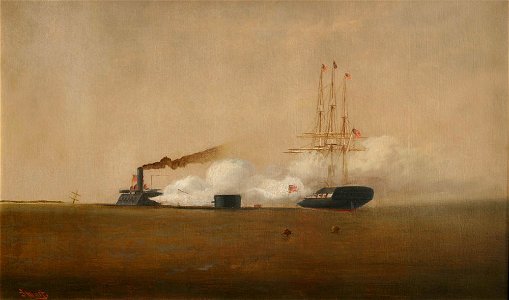 USS Monitor Defends Against CSS Virginia, 1862, by Alexander Charles Stuart. Free illustration for personal and commercial use.