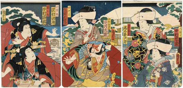 Utagawa Kunisada II - Actors Nakamura Kamenojô I as Kusumi, Onoe Kikujirô II as Naginoha Gozen, Ichikawa Kuzô III as Kobayashi