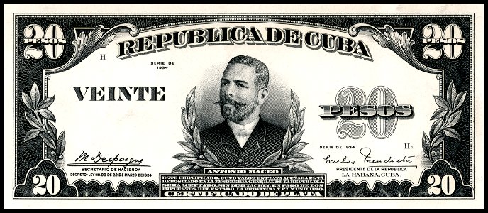 US-BEP-República de Cuba (certified proof) 20 silver pesos, 1934 (CUB-72a)