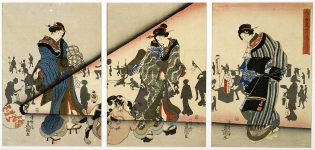 Utagawa Kunisada (Toyokuni III) - Night Scene with Girls, Animals and Lanterns - Google Art Project
