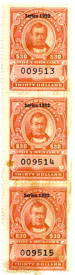 US 30 dollar revenue stamp 1952