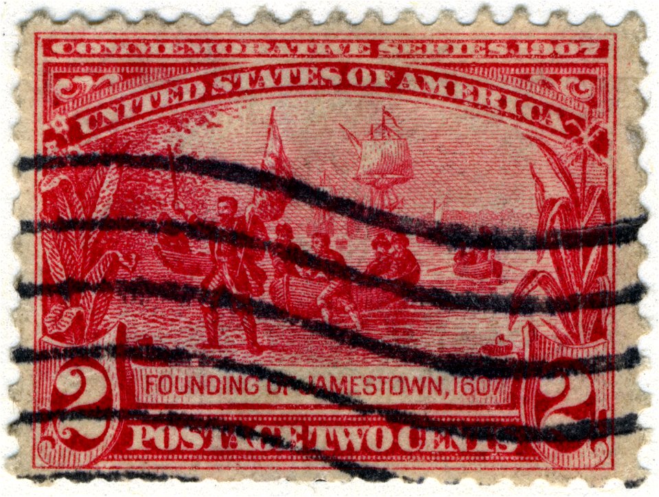 US stamp 1907 2c Jamestown Expo coming ashore