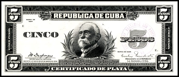 US-BEP-República de Cuba (certified proof) five silver pesos, 1934 (CUB-70a)