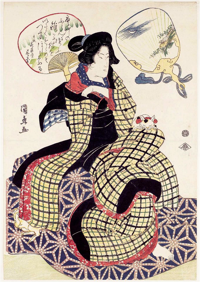 Utagawa Kuninao - Woman with Kittens on a Kotatsu