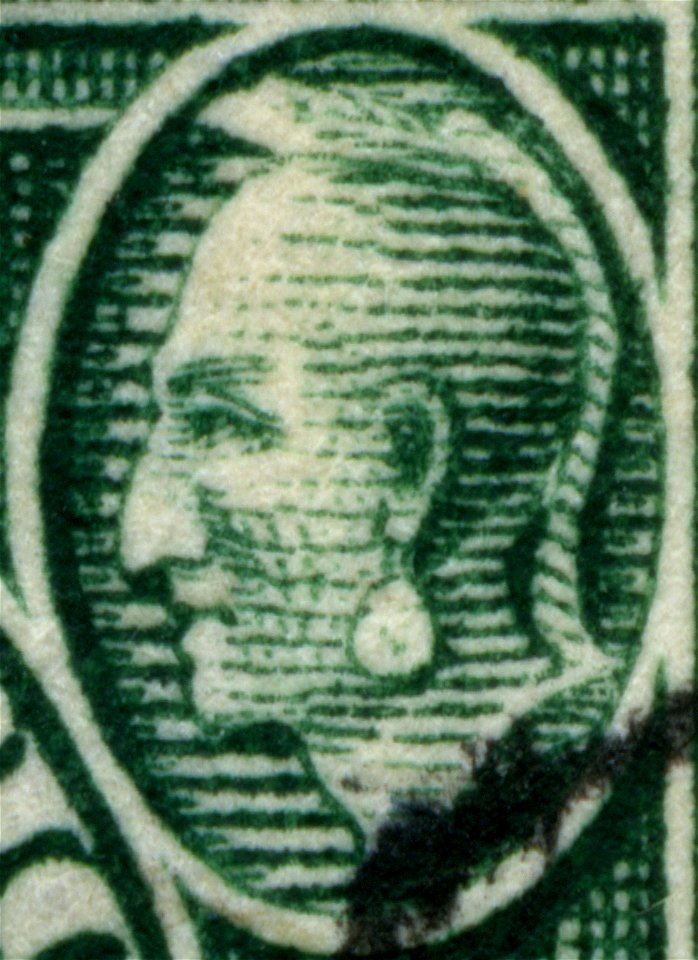 US stamp 1907 1c Jamestown Expo Powhatan detail