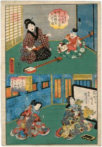 Utagawa Kunisada II - Home of Blind Female Musicians and Giô and Gijo Renouncing the World