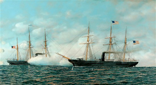 USS Kearsage vs CSS Alabama, by Antonio Jacobsen. Free illustration for personal and commercial use.