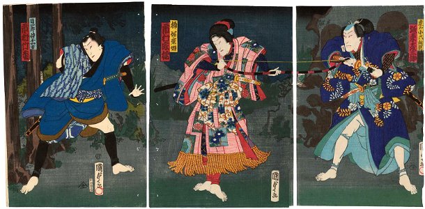 Utagawa Kunisada II - Actors Bandô Hikosaburô V as Date no Koroku Sukenori, Ichimura Kakitsu IV as Kusunoki Koma-hime, and Ichimura Takematsu III as Mokushirô's Son Chikakichi