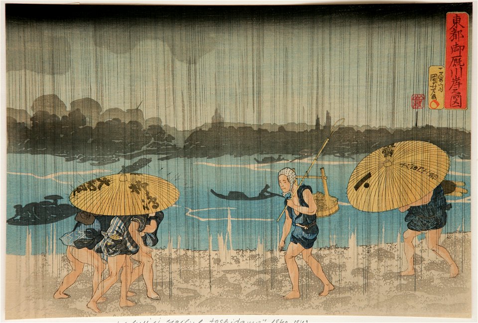 Utagawa Kuniyoshi (1797 - 1861), Japonia Titlu Ploaie torențială pe malul Ommaya al râului Sumida Seria Capitala de Est (Tōto) 1830-44 Xilogravură, hârtie