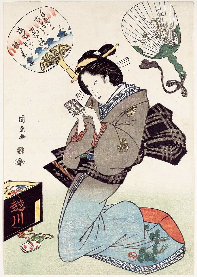 Utagawa Kuninao - Woman Holding Amulet