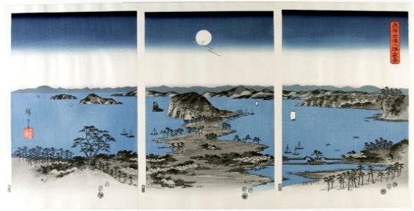 Utagawa (Ando) Hiroshige (1797-1858), Panorama van de acht beroemde Dorps- en stadsgezichten bij Kanazawa bij volle maan (1857). Free illustration for personal and commercial use.