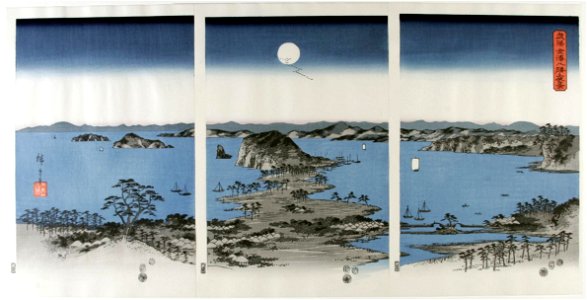 Utagawa (Ando) Hiroshige (1797-1858), Panorama van de acht beroemde Dorps- en stadsgezichten bij Kanazawa bij volle maan (1857)