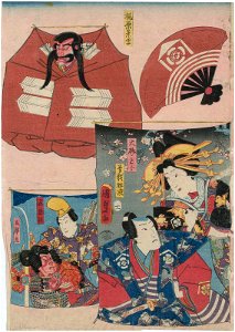 Utagawa Kunisada II - Kites with Pictures of Actors - Nakamura Tsuruzô I as Kajiwara Kagesue, Iwai Kumetarô III as Ôiso no Tora, Ichikawa Ichizô III as Soga Sukenari, unidentified actor as Minamoto Yoritomo, and Ichikawa Kodanji IV