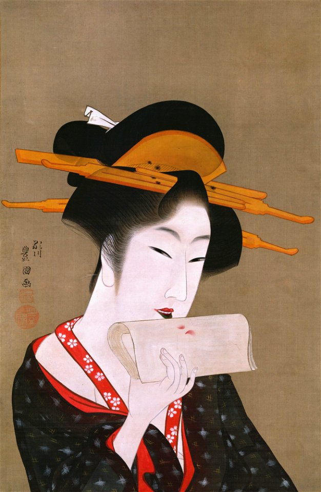 Utagawa Toyokuni I - Beauty Blotting Her Lip Rouge - 1984.20 - Detroit Institute of Arts