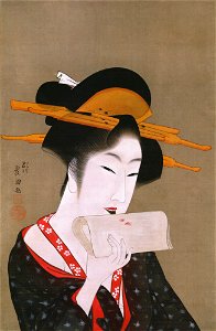 Utagawa Toyokuni I - Beauty Blotting Her Lip Rouge - 1984.20 - Detroit Institute of Arts
