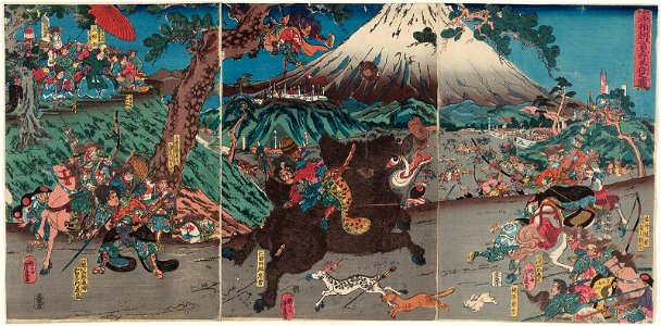 Utagawa Yoshifuji - Minamoto Yoritomo's Hunting Party on the Plain of Mount Fuji