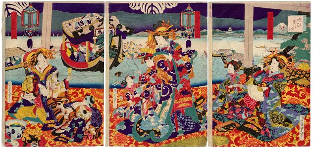 Utagawa Kunisada II - Amusements of the Big Spenders - Flowers of the Night, a Collection of Beauties - Courtesans of the Naka-Manjiya - Renzan, Akashi, and Shizunoo