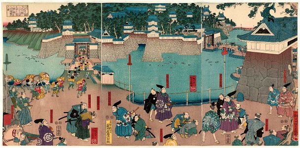 Utagawa Yoshifuji - In the Early 1320s, Kusunoki Masashige Resists the 800,000-man Army of the Hôjô by Entrenching Himself at the Castle of Chihaya and Shipping in Provisions
