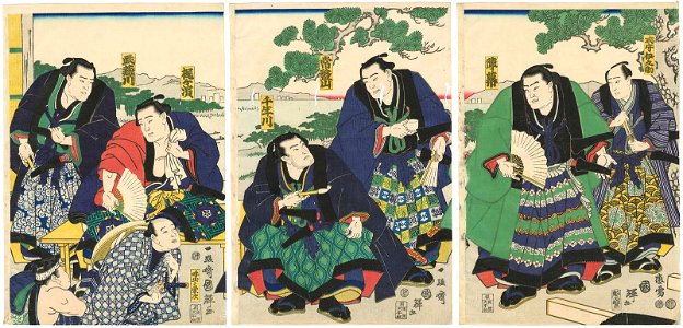 Utagawa Kuniteru II - Sumô Wrestlers Jinmaku, Tokiwayama, Chitosegawa, Kajigahama, and Musashigawa, with Official Shikimori Inosuke and Announcer Yobidashi Eiji