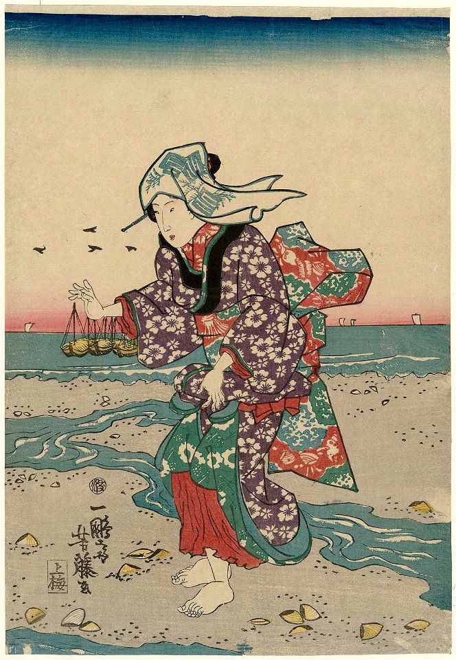 Utagawa Yoshifuji - Woman Gathering Shellfish at Low Tide