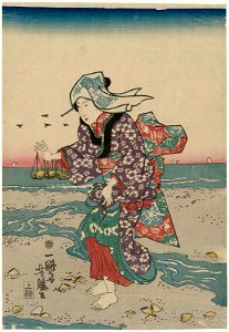 Utagawa Yoshifuji - Woman Gathering Shellfish at Low Tide