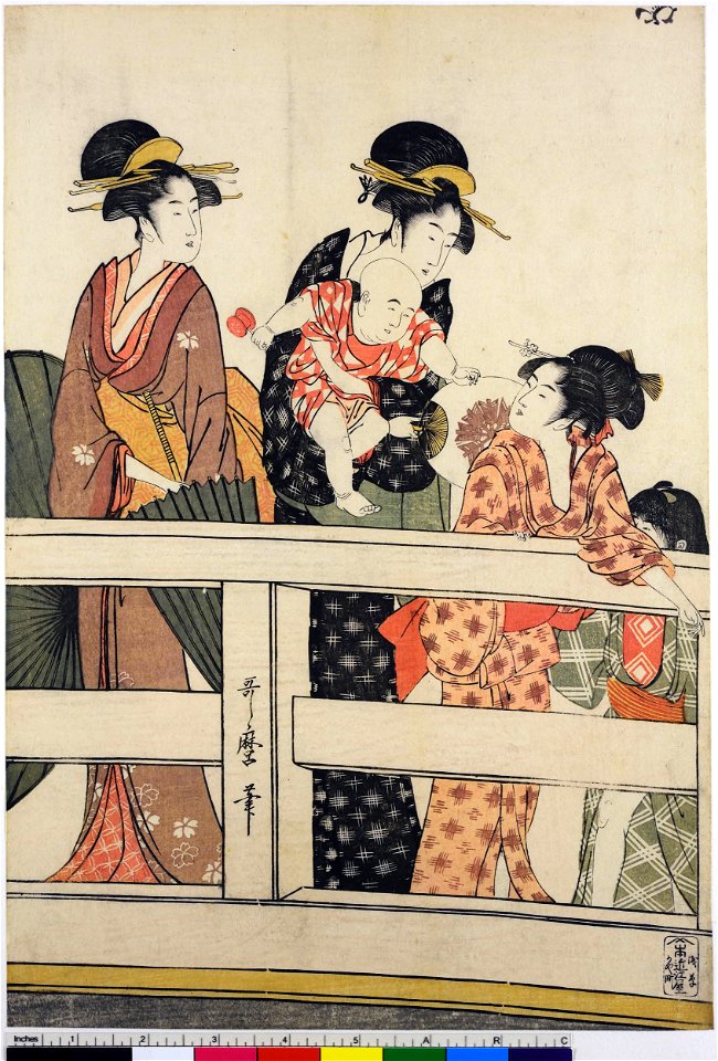 Utamaro (c. 1795–96) On top and beneath Ryōgoku Bridge (top centre, BM)