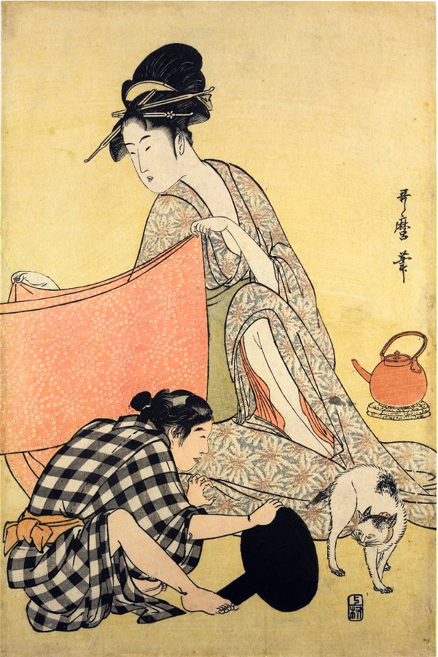 Utamaro (c. 1794–95) Hari-shigoto (right of 3, BM, cropped)