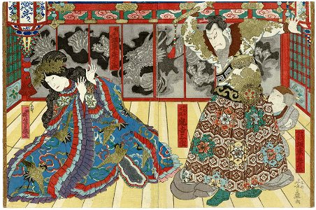 Utagawa Yoshifuji - Actors Bandô Kamezô as Watônai's Mother and Arashi Kichisaburô III as Goshôgun Kanki, and Bandô Hikosaburô V as Kinshôjo