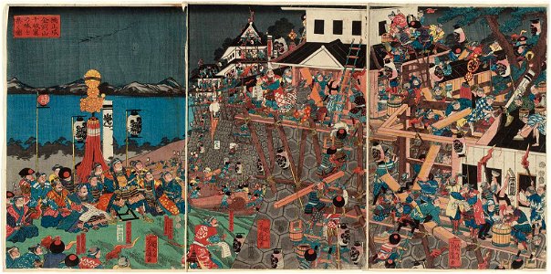 Utagawa Yoshifuji - Kusunoki Masashige Builds His Castle at Chihayakutsu on Mount Kongô