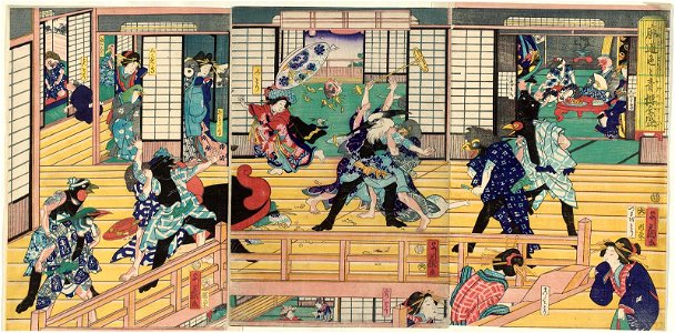 Utagawa Yoshifuji - Connoisseurs of the Yoshiwara. A Flourishing House of Pleasure - Birds at Play. A Commotion in the Birdcage