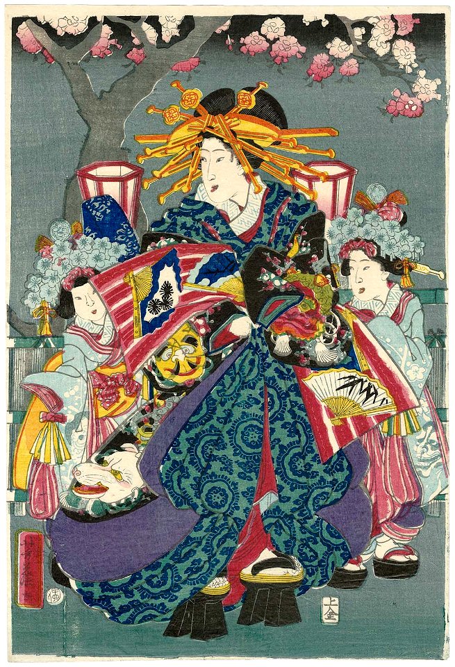 Utagawa Yoshifuji - Courtesan under Cherry Blossoms at Night