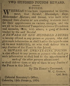 Utuwankande Sura Saradiel,Arrest Warrant Reward Notice (Ceylon Gazette 13th Jan 1864)
