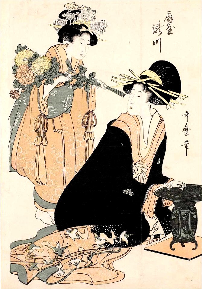Utamaro - The Courtesan Takikawa of the Ogiya Brothel Accompanied by her Kamuro, 1801