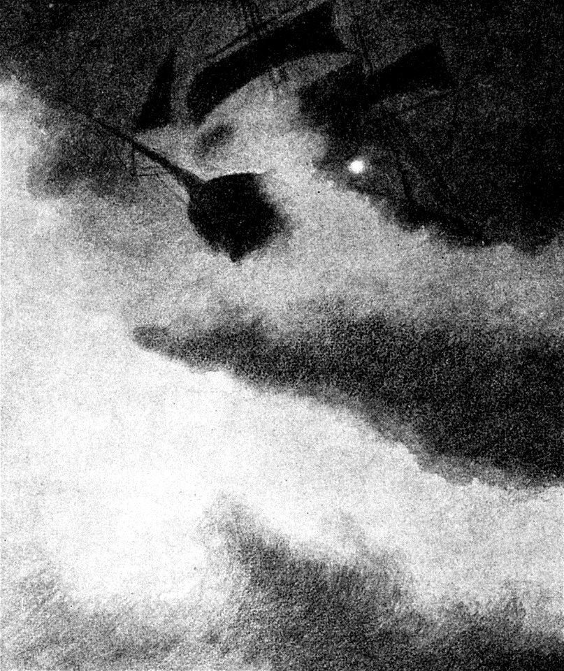 Uvaersnatt-utfor-skomvaer-fyr-en - ship in storm by lighthouse - 1892