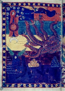 Valcavado Beatus f. 130v - Woman and dragon. Free illustration for personal and commercial use.