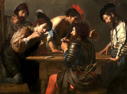 Valentin de Boulogne - Soldiers Playing Cards and Dice (The Cheats) bright. Free illustration for personal and commercial use.