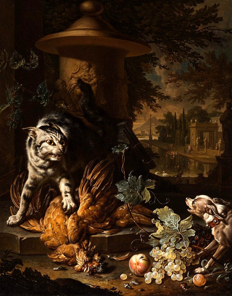A Cat Protecting Spoils from a Dog by Dirk Valckenburg, 1717