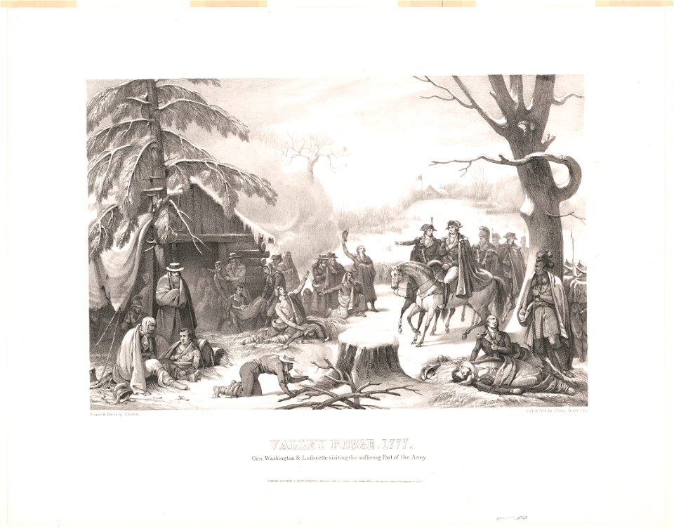 Valley Forge, 1777. Gen. Washington and Lafayette visiting the suffering part of the army - painted and drawn by A. Gibert ; lith and publ. by P. Haas, Wash. City. LCCN2006691573