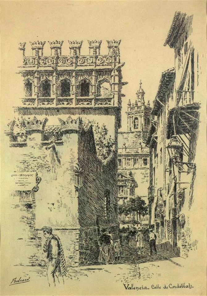 Valencia, Calle de Cordellats, tinta s. papel, por Mariano Pedrero