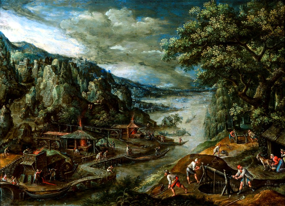 Marten van Valckenborch - River landscape wit iron mining scene (1611)