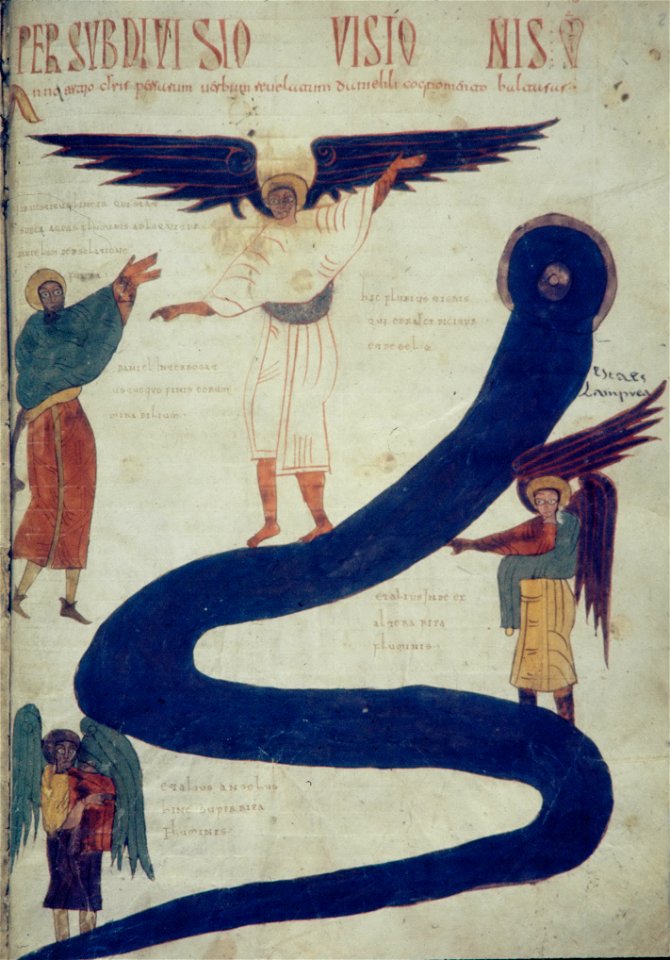 Valcavado Beatus f. 220v - Daniel's vision of man in white